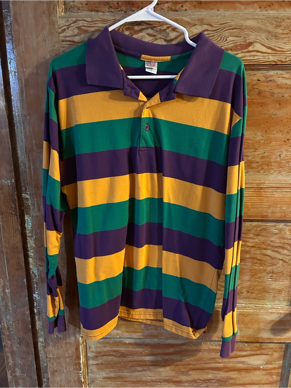 Men's Long-Sleeve Striped Rugby Polo - Green, Purple & Gold